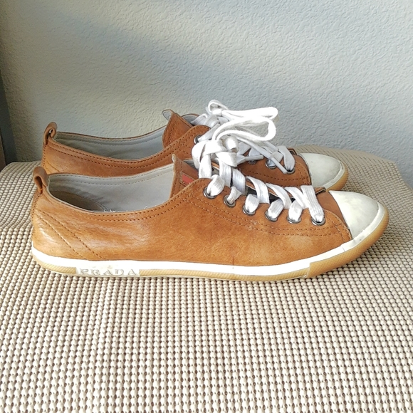 Prada Brown Leather Lace Up Sneakers - Picture 1 of 9
